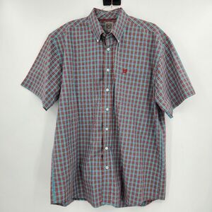 Cinch Short Sleeve Button Front Shirt Mens Size Large Blue Plaid Red Logo Cotton